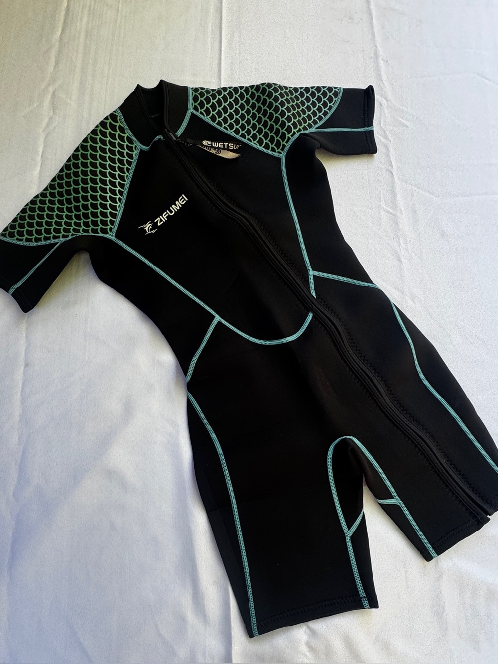 Women's  Black and Teal Shorty Wetsuit - One Piece size Small